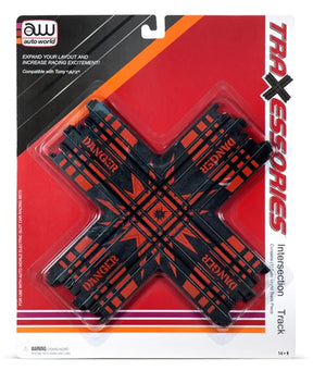 Black and orange plastic track pieces forming a cross shape for toy cars for Auto World 00174