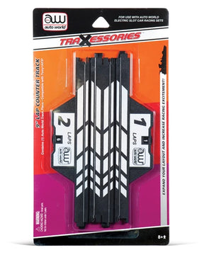 Black and orange packaging for a 9-lap counter track accessory for slot cars for Auto World 00176