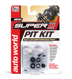 Assortment of parts for slot car racing, including springs, screws, and gears for Auto World 00301