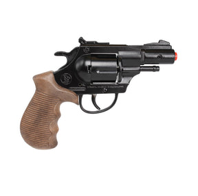 Black snub nose revolver cap gun with brown grip for Gonher 38/6, front view