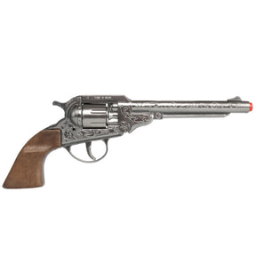 Silver-finish revolver pistol with brown grip, styled like a cowboy weapon for Gonher 88/0