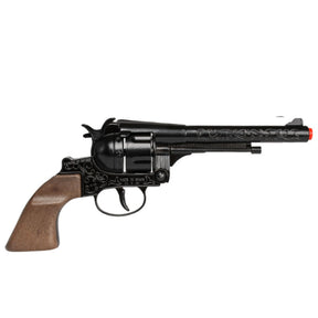 Black replica revolver with brown handle, displayed against white background for Gonher 122/6