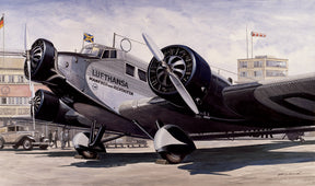 Lufthansa Junkers Ju-52 aircraft model on a tarmac with buildings in background for Italeri 150