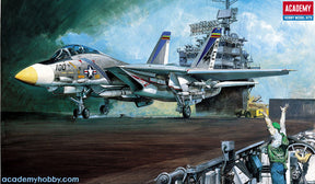 F-14 Tomcat jet on runway with aircraft carrier in background for Academy 12253