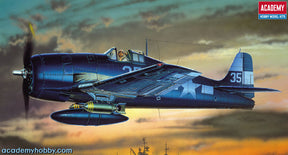 Blue WWII fighter plane, F6F Hellcat, in flight against a sunset sky for Academy 12481