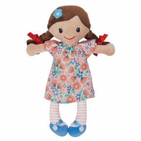 Rag doll with brown hair, floral dress, and striped leggings for Schylling 11109