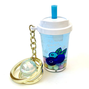 Blueberry boba drink cup with attached round, iridescent key charm for Bcmini 12077