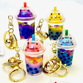 Set of colorful, cat-shaped boba key charms with straws for Bcmini 12094