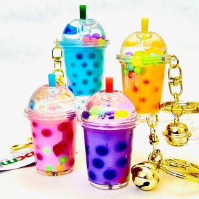 Colorful boba drink key charms in pastel shades, hanging from gold keys for Bcmini 12095