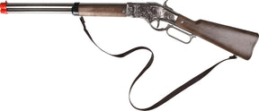Toy lever-action rifle with brown stock and black sling for Gonher 99/0, front view
