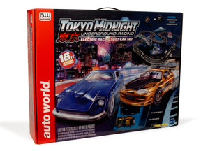 Slot car race set box featuring blue and gold race cars and a track layout for Auto World SRS342
