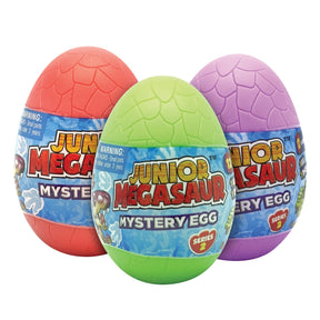 Three colorful, uncracked dinosaur mystery eggs in red, green, and purple for Schylling 16964