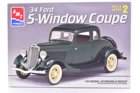 Dark green 1934 Ford 5-Window Coupe model kit box art for AMT 8214