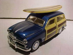 Blue 1949 Ford Woody Wagon with a wooden surfboard on top for Kinsmart 5402DSI