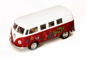 Red and white miniature VW bus with peace signs and colorful decals for Kinsmart 5060DF