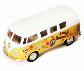 Yellow and white VW bus toy with colorful "Love Peace" decals for Kinsmart 5060DF