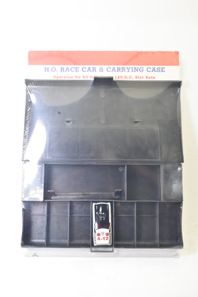 Black slot car carrying case for HO race cars, circa 1972 for Aurora AFX 1449
