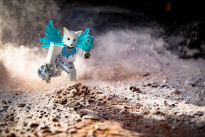 White, blue, robotic figure leaps through dust, evoking a spectral, dynamic feel for UCC 19839