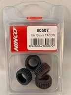 Four 19x10 mm off-road slot car tires in clear plastic packaging for NINCO Slot Cars 80507