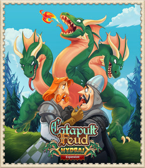 Three fierce dragons surround two armored warriors for Catapult Feud: Hydra Expansion for Vesuvius Media WWI722