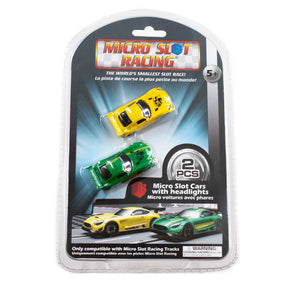 Two small toy race cars in blister packaging for slot car racing for Jupiter Creations 20012