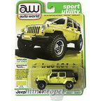Yellow Jeep Wrangler die-cast toy car in a display box for AW Die Cast AW64322