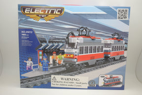 Toy train set box art showing a passenger train and station pieces for Electric Train AUS25012
