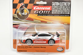 White and red Porsche GT3 race car toy in clear plastic packaging for Carrera Go 20064103