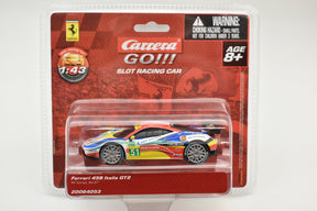 Slot car of a red and yellow Ferrari 458 Italia GT2 race car for Carrera Go 20064053