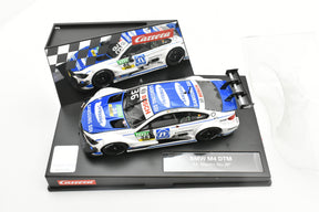 Slot car of a BMW M4 DTM race car, number 36 for Carrera Evolution 27571, front view