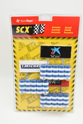 Set of striped plastic barriers with attached banners for crowd control for SCX 88100
