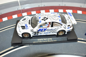 White BMW M3 GTR race car model on a display base for Fly Car 88024