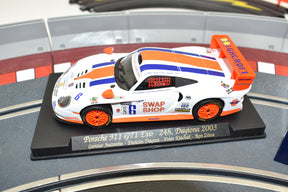 Slot car of a 2003 Porsche 911 GT1 Evo race car for Fly Car 88031, front view