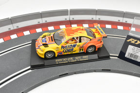 Yellow BMW M3 GTR race car model on a track section for Fly Car A287