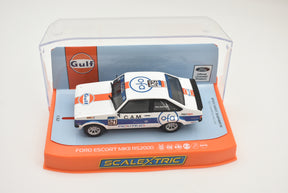 Slot car of a Gulf-liveried Ford Escort MK2 RS2000 race car for Scalextric C4150, front view