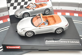 Silver model car of a Porsche 911 Carrera S Cabriolet on a display base for 27535
