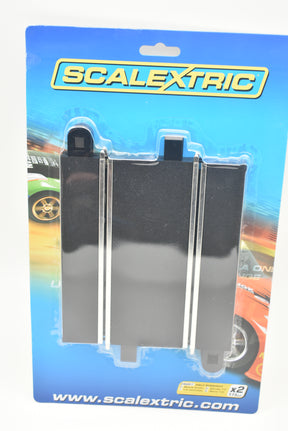 Two black straight track pieces for model trains, 175mm each for Scalextric C8207