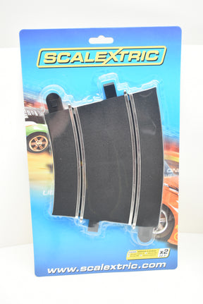 Black track curve pieces for model trains, 22.5° angle, two pieces for Scalextric C8204
