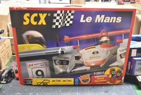 Slot car set box featuring Audi and Porsche race cars for Le Mans racing for SCX 80500