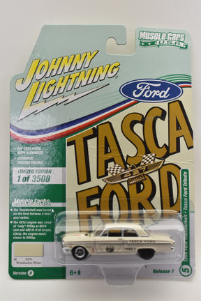 Die-cast model of a 1964 Ford Mustang in Wimbledon White for Johnnny Lighting JLMC025
