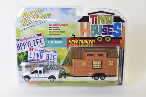 Toy set: white truck towing a brown tiny house trailer for Johnny Lightning JLTH001-A