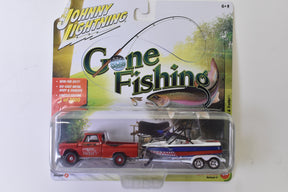 Toy fishing set with red truck and tackle, featuring a fish graphic for Johnny Lightning JLBT004-A