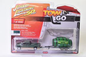 Die-cast toy set: green car and pickle barrel trailer for Johnny Lightning JLTG002-A