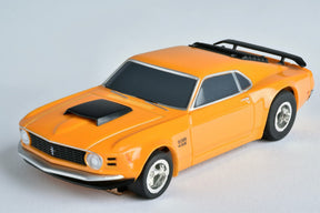Orange slot car of a 1970 Ford Mustang Boss 429 for AFX/Racemasters 21050 / 21017, front view