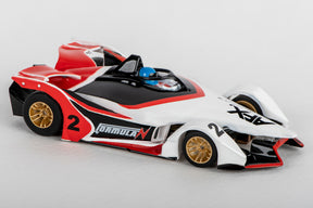 Black, red, and white race car model with gold wheels for AFX/Racemasters 22015, front view
