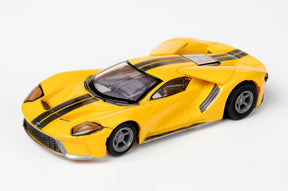 Yellow slot car replica of a Ford GT, viewed from the side for AFX/Racemasters 22029 / 21007