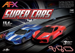 Blue and red race cars on a track set for ages 8+ for AFX/Racemasters 22032