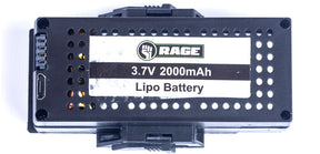 Black Lipo battery pack with "RAGE" branding and "3.7V 2000mAh Lipo Battery" label for Rage R/C RGR4412