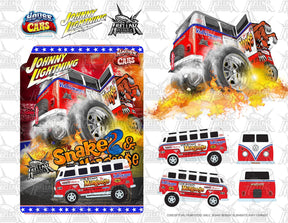 Carnival-themed vehicle art featuring a bus with "Snake" and "Mongoose" text for Johnny Lighting JLCP7413