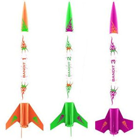 Three model rocket kits: Bandit 1, Bandit 2, and Bandit 3, with launch pads for Estes 2435